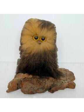70s Sandy Finch Wooly Whooos Owl Sculpture Burlwood Wool
